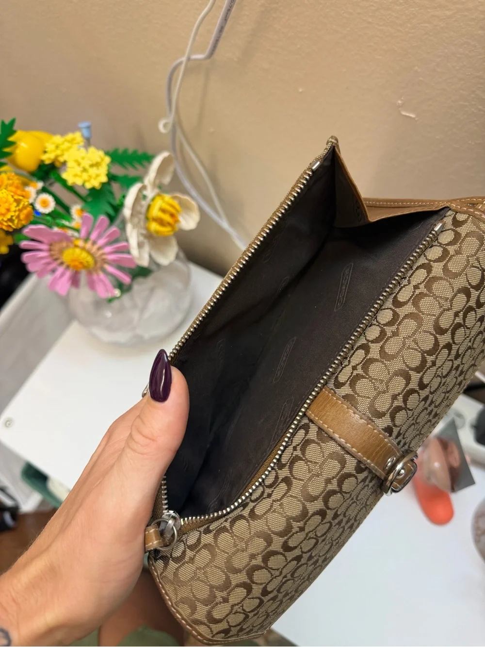 Vintage Coach Signature Jacquard Brown Buckle Trifold Wallet